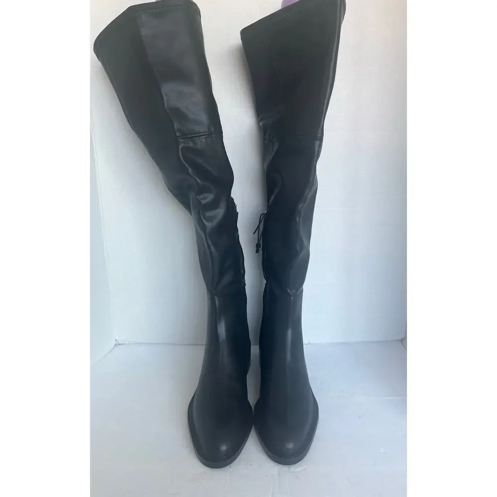 NWT Zara Tall Over The Knee Black Vegan Leather Square‎ Toe Pull On Boots Sz 9